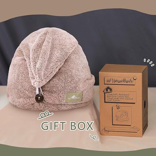 myHomeBody Hair Towel Wrap, Quick Drying Turban, Absorbent Cap – Pink | Hair Turban Towel for wet hair, Ultra Soft Charcoal Fiber Cap, Towel Head Wrap for bathing with Coconut Shell Button - color: Pink