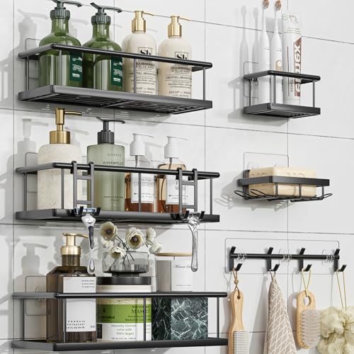 Simple Trending 6 Pack Shower Caddy Adhesive, Rustproof Shower Shelves | Stainless Steel Shower Organizer with Large Capacity, No Drilling Bathroom Organizers and Storage for Home Decor, Black