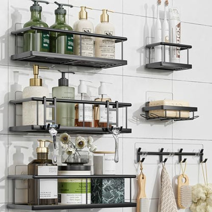 Simple Trending 6 Pack Shower Caddy Adhesive, Rustproof Shower Shelves | Stainless Steel Shower Organizer with Large Capacity, No Drilling Bathroom Organizers and Storage for Home Decor, Black