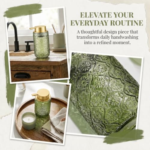 Green and Gold Glass Foaming Hand Soap Dispenser | Matte Gold Pump Embossed Glass Bottle Refillable Bathroom Kitchen Decor 13.5 oz - color: Green and Gold