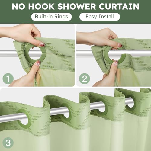 FADOTY Green No Hook Shower Curtain Set with Snap in Liner, 71'' x 74'' | Bathroom Hotel Fabric Curtain, Waterproof Washable Liner, See Through Top Window, Ringless Chevron Tufted Cloth Curtain - color: Sage Green, size: 71"W x 74"L (Pack of 1)