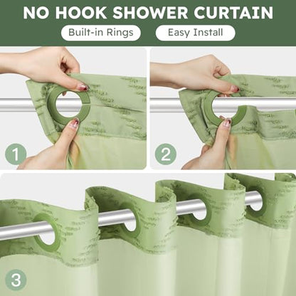 FADOTY Green No Hook Shower Curtain Set with Snap in Liner, 71'' x 74'' | Bathroom Hotel Fabric Curtain, Waterproof Washable Liner, See Through Top Window, Ringless Chevron Tufted Cloth Curtain - color: Sage Green, size: 71"W x 74"L (Pack of 1)