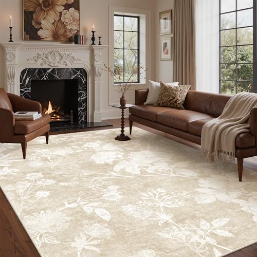 Soalmost Floral Washable Rugs 6x9 for Living Room, Neutral Soft Rug Beige | Oriental Flower Area Rug with Low-Pile Non-Slip Thin Throw Carpet for Bedroom Farmhouse Dining Room Nursery Home Office 6'x9' - color: Floral Beige, size: 6' x 9' (Rectangular)