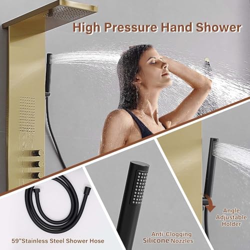 Shower Panel Tower System, Brushed Gold | Stainless Steel, Multifunction Shower Tower System, Bathroom Rainfall Shower Head Hand Shower and Large Area Body Spray - color: Gold, style: 3 IN 1 Shower Panel