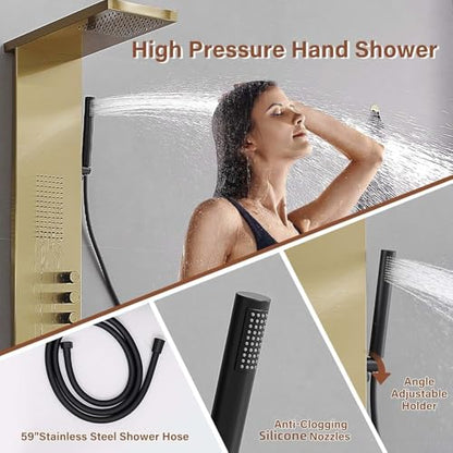 Shower Panel Tower System, Brushed Gold | Stainless Steel, Multifunction Shower Tower System, Bathroom Rainfall Shower Head Hand Shower and Large Area Body Spray - color: Gold, style: 3 IN 1 Shower Panel