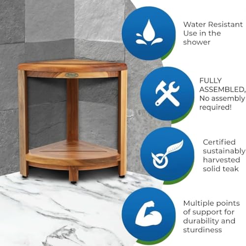 EcoDecors 18" Teak Corner Shower Bench with Shelf, Fully Assembled | Crafted from solid teak wood with natural water resistance for long-lasting durability in wet environments. - size: 2 tier Fully Assembled
