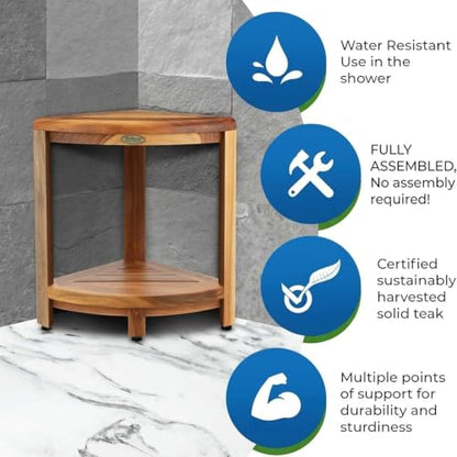 EcoDecors 18" Teak Corner Shower Bench with Shelf, Fully Assembled | Crafted from solid teak wood with natural water resistance for long-lasting durability in wet environments. - size: 2 tier Fully Assembled