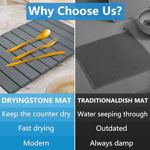 Large Stone Dish Drying Mat for Kitchen Counter, 24''x16'' Quick Dry Stone Dishes Mat, Foldable & Absorbent Diatomaceous Earth Dish Dryer Pad (Grey)