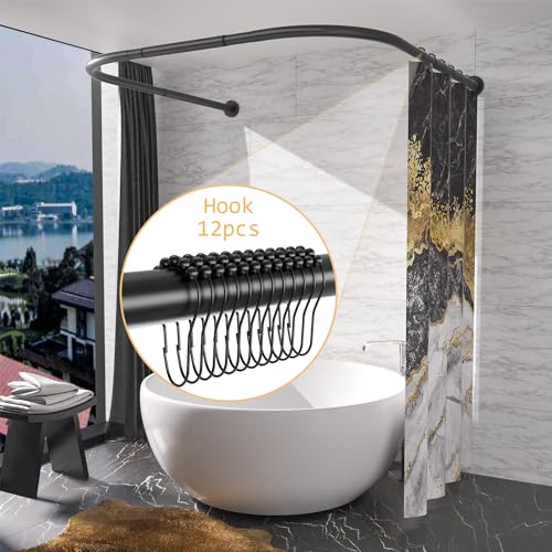 U Shaped Shower Curtain Rod (Both sides: 31.5"-47", Middle: 34.7"-43") Adjustable Genuine 304 Stainless Bathroom Bathtub Shower Curtain Rod Rack with 12 Shower Curtain Rings - Black - color: U Shaped Black, Length on both sides: 31.5"-47",Middle width:34.