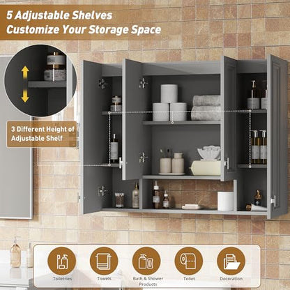 Marzzi 36" x 28" Bathroom Medicine Cabinet with Open Shelf | Wall Mounted Bathroom Storage Cabinet with Adjustable Shelves, Over The Toilet Wall Cabinet, Painted Finish - color: Grey