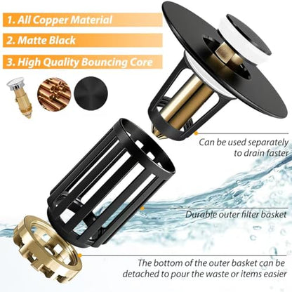 Anlige 3 in 1 Pop Up Bathroom Sink Stopper, Bathroom Sink Drain Strainer, with Removable Basket Hair Catcher, Universal Sink Plug Cover for 1.06 in to 1.6 in Drain, Matte Black - color: Matte Black