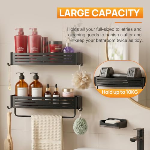 Black Adhesive Square Shower Caddy with Towel Bar, Soap Holder and Hooks | Adhesive black shower basket with towel bar, soap holder and hooks for smooth tile, glass, stainless steel and bathroom walls - color: Black