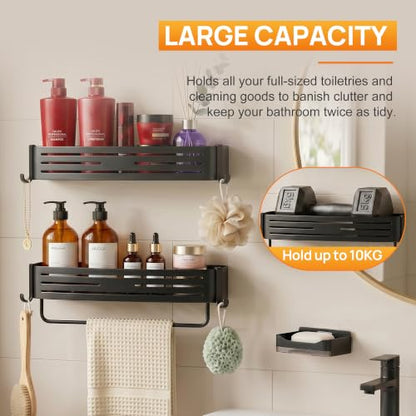 Black Adhesive Square Shower Caddy with Towel Bar, Soap Holder and Hooks | Adhesive black shower basket with towel bar, soap holder and hooks for smooth tile, glass, stainless steel and bathroom walls - color: Black