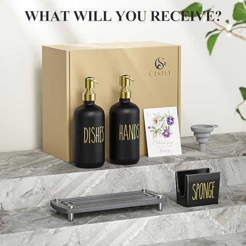 Cisily Kitchen Soap Dispenser Set Comes with Ceramics Sponge Holder, Gold Pumps, and Instant Dry Tray, Hand and Dish Soap Dispenser Set (4, Gold + Black + Sponge Holder) - color: Gold + Black + Sponge Holder