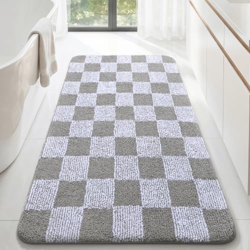 LOCHAS Long Bathroom Runner Rug 60×30, Checkered Bath Mat Non Slip, Grey | Rubber Backing Absorbent Machine Washable, Microfiber Carpet for Kitchen Bedroom Entryway - color: Grey, size: 60" x 30"