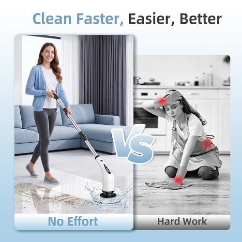 Electric Spin Scrubber, 3-Speed Flat End Brush with 8 Brush Heads & Base, IPX7 Waterproof, Adjustable Long Handle, Digital Display, 2500mAh Fast Charging, for Bathroom, Tub, Tile, Floor - color: Black