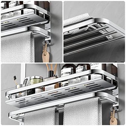 CAXIMSY Towel Rack with Shelf, 22.63" Bathroom Shelf with Double Towel Bars Stainless Steel, Wall Mounted, Foldable Top, 2 Hooks, Adhesive/Screw Install, Space-Saving for Small Bathrooms & Apartments - color: Collapsible Towel Rack With Bathroom Organize
