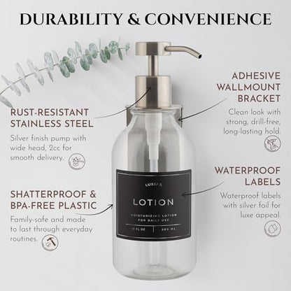 Shower Shampoo Dispenser Wall Mounted – Refillable 16.9 oz Clear Bottle with Stainless Steel Pump & No-Drill Adhesive Holder – Soap Dispenser for Bathroom (1 X Clear/Silver) - color: 1 X Clear/Silver