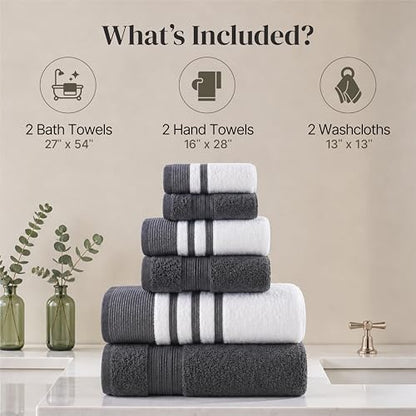 Modern Threads 6-Piece Towel Set – 100% Cotton, Quick Dry, Ultra Absorbent – Includes 2 Bath, 2 Hand, 2 Washcloths (White/Reinhart Charcoal) - color: Grey, style: Classic Stripe