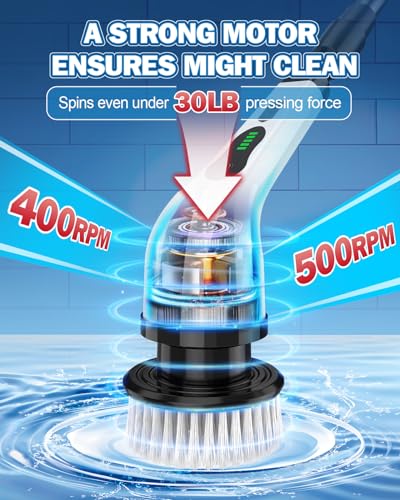 Electric Spin Scrubber, IPX7 Waterproof Cordless Cleaning Brush with 8 Replaceable Heads, Dual Speed & USB-C Charging, Retractable Handle Power Scrubber for Bathtub, Tile, Bathroom