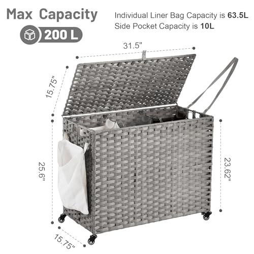 Laundry Hamper with Wheels, 52.8 Gallon(200L) Rolling Laundry Basket with Lid, Removable Large 3 Color Liners & 3 Mesh Laundry Bags, Clothes Hamper with Side Pocket, Grey - color: Grey, size: 31.5"L x 15.75"W x 25.6"H
