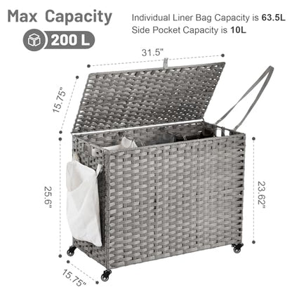 Laundry Hamper with Wheels, 52.8 Gallon(200L) Rolling Laundry Basket with Lid, Removable Large 3 Color Liners & 3 Mesh Laundry Bags, Clothes Hamper with Side Pocket, Grey - color: Grey, size: 31.5"L x 15.75"W x 25.6"H
