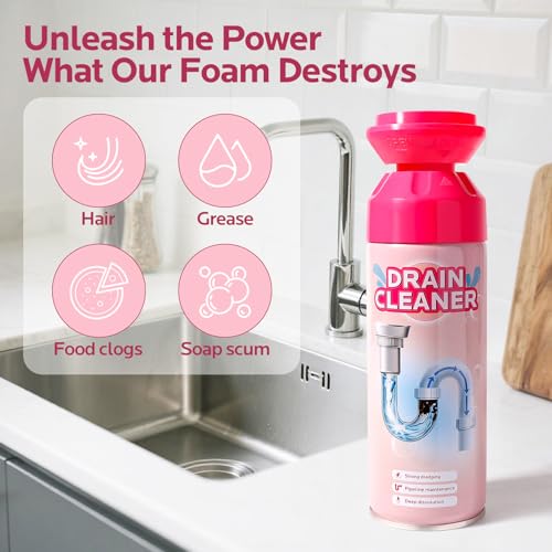 Foaming Drain Cleaner Clog Remover for Kitchen & Bathroom Pipes 2Pack | Expanding Foam Action, Helps Break Down Grease, Soap Scum and Food Buildup, Keep Drains Fresh, Fast Drain Care