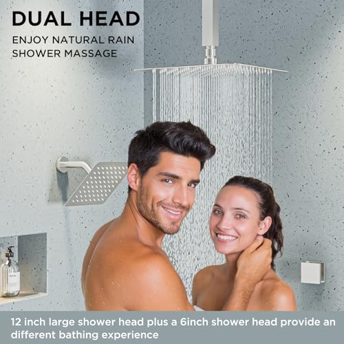 Shower Systems with 4 Body Spray Jets, STARBATH 4 Way 12+6" Rainfall Shower Head with Handheld Combo, Ceiling Mounted Shower Jets System in Wall Shower Faucet Sets Complete, Brushed Nickel - color: Brushed Nickel, size: 6"+12"-01
