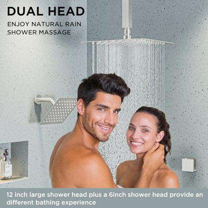 Shower Systems with 4 Body Spray Jets, STARBATH 4 Way 12+6" Rainfall Shower Head with Handheld Combo, Ceiling Mounted Shower Jets System in Wall Shower Faucet Sets Complete, Brushed Nickel - color: Brushed Nickel, size: 6"+12"-01