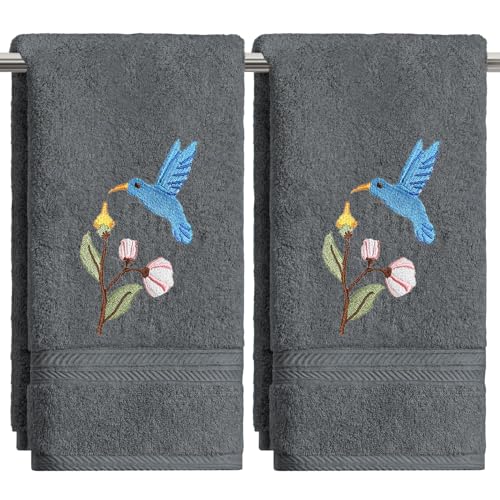 Artoid Mode 2 Pcs Grey Bird Floral Embroidered Hand Towels for Bathroom, 100% Cotton Soft Absorbent Farmhouse Decor Towels, 13.7 x 29.5 Inch - color: Grey, size: 13.7" x 29.5", 2PCS