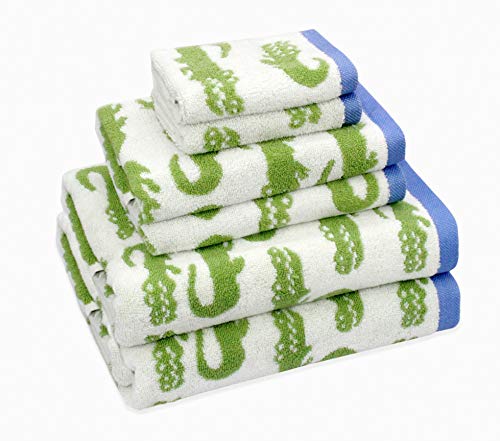 ORIGINAL KIDS 6 Piece Towel Set - 100% Cotton Jacquard Bathroom Towel Set | Bath Time in A While Crocodile Kids Towels - Soft Absorbent Plush - 2 Bath Towels, 2 Hand Towels, 2 Washcloths - Green Blue - color: Green Blue, size: Set of 6 - Bath-Hand-Wash
