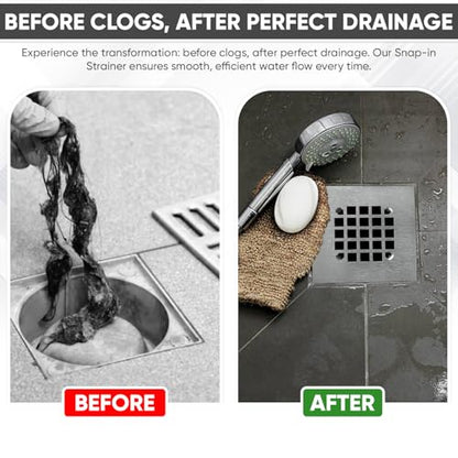 4-1/4” Square Snap-in Brushed Nickel Shower Drain - Stainless Steel Replacement - 4.25 inch Durable Floor Cover -Snap-in - Easy Installation Universal Grate Strainer - color: Brushed Stainless Steel
