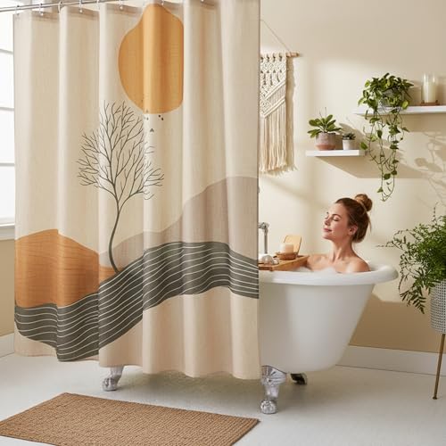Orange Sun and Green Branch Linen Shower Curtain Set with Liner | Double Layer Shower Curtain Waterproof Fabric with Zippered Removable PEVA Liner,Boho Shower Curtain for Bathroom,Free Hooks - color: Landscape