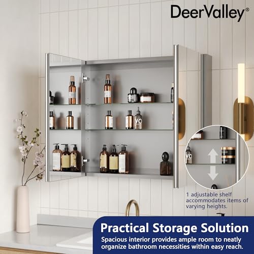 DeerValley Medicine Cabinet with Mirror, 30" W x 26" H Bathroom Storage | Frameless Modern Wall Mount Mirror, Medicine Cabinets with Adjustable Shelf, DV-1MC0363 - size: 30" W x 26" H