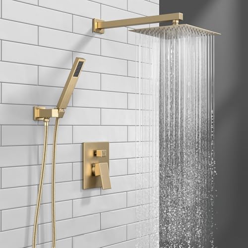 Lava Odoro Modern 2-Setting Square Shower Faucet Set with Shower Head and Handheld Sprayer Gold, Rainfall Shower System with Hand Shower, Shower Valve Trim Kit, Champagne Gold, SF103-CB - color: Champagne Gold, style: Without Tub Spout