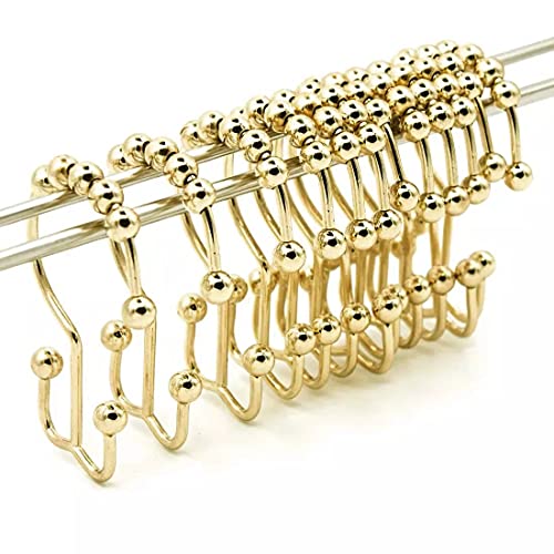 Shower Curtain Hooks Double - Set of 12 Metal Shower Curtain Rings - Double Glide Shower Hooks for Bathroom Curtain (Gold) - color: Gold