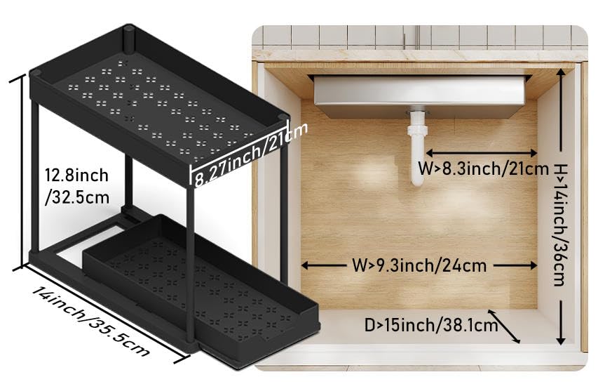 2 Pack black Under Sink Organizers and Storage, 2-Tier Sliding Cabinet Basket Organizer with Hooks, Multi-Purpose Under Sink Organizers and Storage for Bathroom Kitchen
