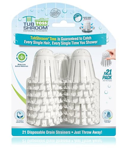 TubShroom Toss 21pk Disposable Bath Tub Drain Strainers - Hair Catcher Snare for Shower Bathtub to Prevent Clogged Drains, Traps Human and Pet Hair, One Year Supply (White) - color: White