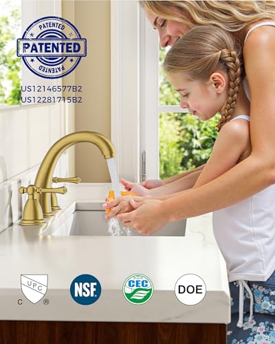 FORIOUS Bathroom Faucet 3 Hole Widespread 8" Sink Faucets Brushed Gold | 3-hole 6-12 Inch Widespread Sink, 2 Lever Handle, with Drain and Hoses,for Vanity Rv Commercial Lavatory Restroom Farmhouse - color: Brushed Gold, style: Classic