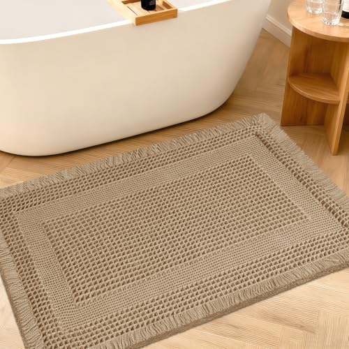 Upgraded Waffle Bath Mat, 32"x20" Beige-Looped, Super Absorbent Non-Slip Quick Dry Bathroom Rugs with Tassels, Machine Washable Ultra Soft Boho Bath Rugs for Floor, Toilet Mats Boho Farmhouse Decor - color: Beige, size: 1'8" x 2'8" (Rectangular)