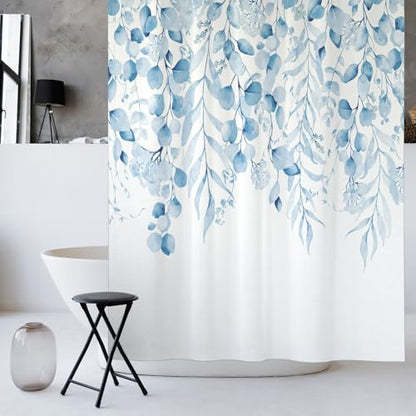 Tranquil and Comfortable Spa Blue Eucalyptus Shower Curtain, Watercolor Plant Leaves with Floral Bathroom Shower Curtain,72 x 72 Inches, Easy to Clean Waterproof Polyester Fabric Includes 12 Hooks - color: Spa Blue