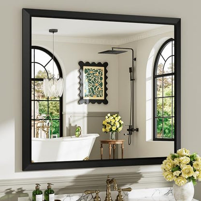 40x38 Inch Black Bathroom Mirror for Wall, Beveled Framed Rectangle Bathroom Vanity Mirrors for Over Sink, Bedroom, Living Room, Entryway, Anti-Rust, HD Tempered Glass, Horizontally/Vertically - size: 40"L x 38"W