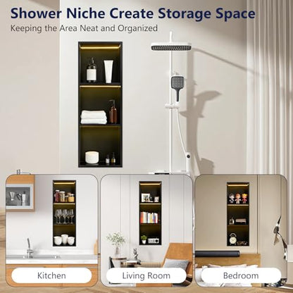LED Shower Niche 12 X 36 Shower Niche No Tile Needed | 304 Stainless Steel Shower Niche with 3000K Warm Light, IP65 Waterproof Bathroom Niche for Shower, Remote Control, Seamless - color: Matte Black-warm White, size: 12" X 36"