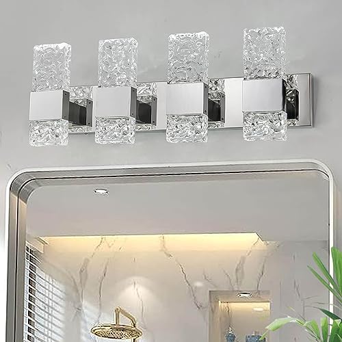Modern LED Bathroom Vanity Light Fixtures Chrome Stainless Steel 4 Light Wall Sconces Over Mirror 28 Inch 40w Crystal Cool White 5800K Dimmable - color: Chrome, size: 4 lights