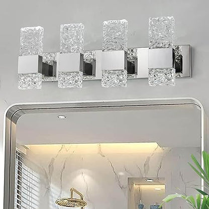 Modern LED Bathroom Vanity Light Fixtures Chrome Stainless Steel 4 Light Wall Sconces Over Mirror 28 Inch 40w Crystal Cool White 5800K Dimmable - color: Chrome, size: 4 lights