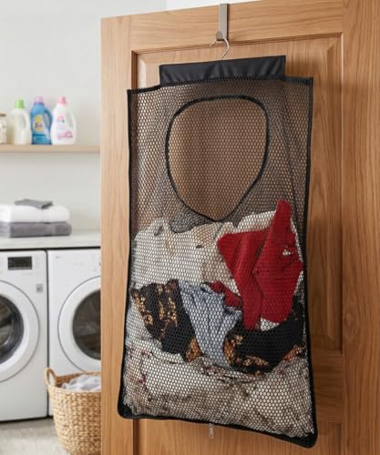 ALYER Breathable Mesh Laundry Hamper,Foldable Hanging Closet Storage Basket,Portable Space Saving Dirty Clothes Bag (Black) - color: Black