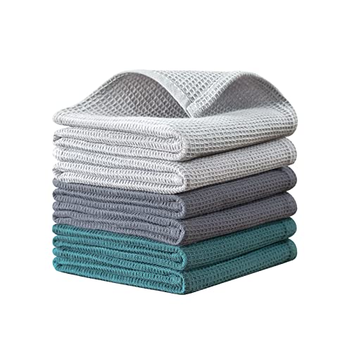 QUILTINA Dish Towels Set, 100% Cotton Waffle Weave Kitchen Towels 6 Pack, 17 x 25 Inches, Super Absorbent for Drying and Cleaning, Dark Green, Light Grey, Dark Grey - color: Dark Green, Light Grey, Dark Grey, size: 17 x 25 - 6 Pack
