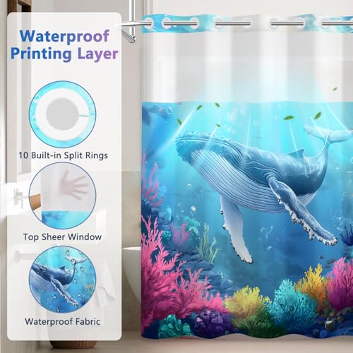 No Hook Shower Curtains for Bathroom, Whale Pattern Double-layer Shower Curtain with See Through Window, 71x74 Inches Ocean Shower Curtain No Hooks with Snap in Liner, Mesh Top Window and Weighted Hem - color: Whale