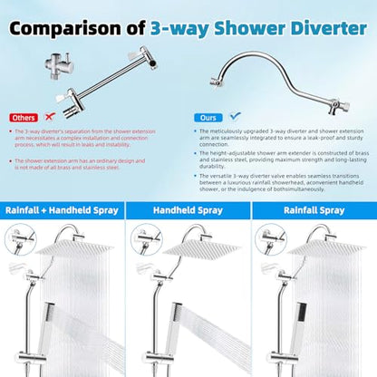 Hibbent 12'' Rainfall Shower Head with 4-mode Handheld Shower Spray, Chrome | cUPC Certified High Pressure Showerhead Combo, 12'' Adjustable Extension Arm, Extension Bar, Easy Reach Holder, 71'' Hose - color: Chrome, style: Square 12''