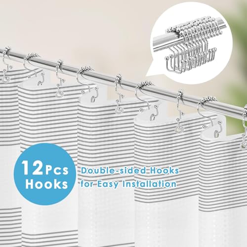 3 in 1 Shower Curtain and Liner,72 x 72 inch, Striped Gray | Shower Curtain and PEVA Liner Set with 12 Rust-Resistant Metal Hooks, Waterproof Fabric Curtains for Bathroom - color: Grey